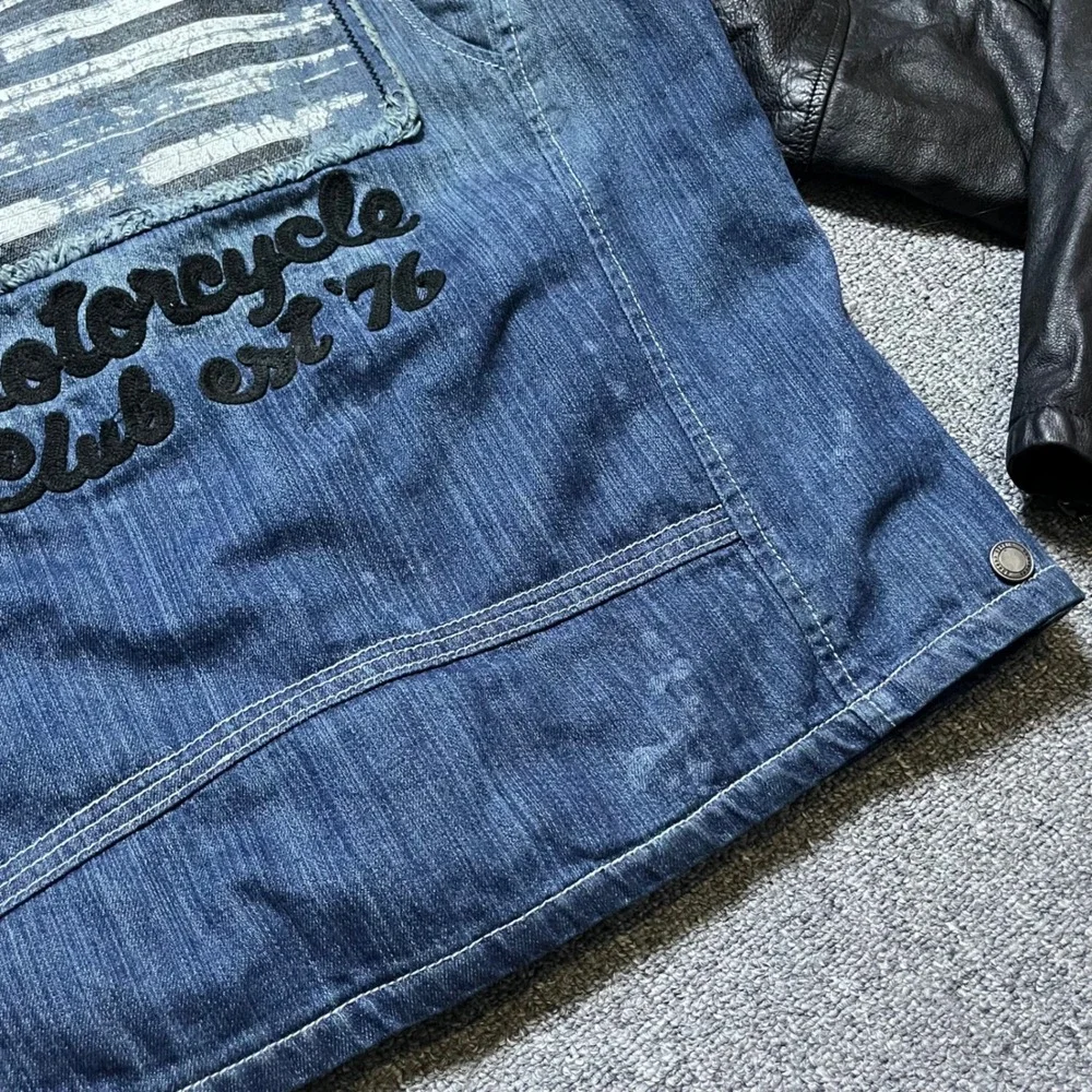 Protocol Motorcycle Jacket XL Blue Denim Black Leather Parish Nation Moto Biker‎